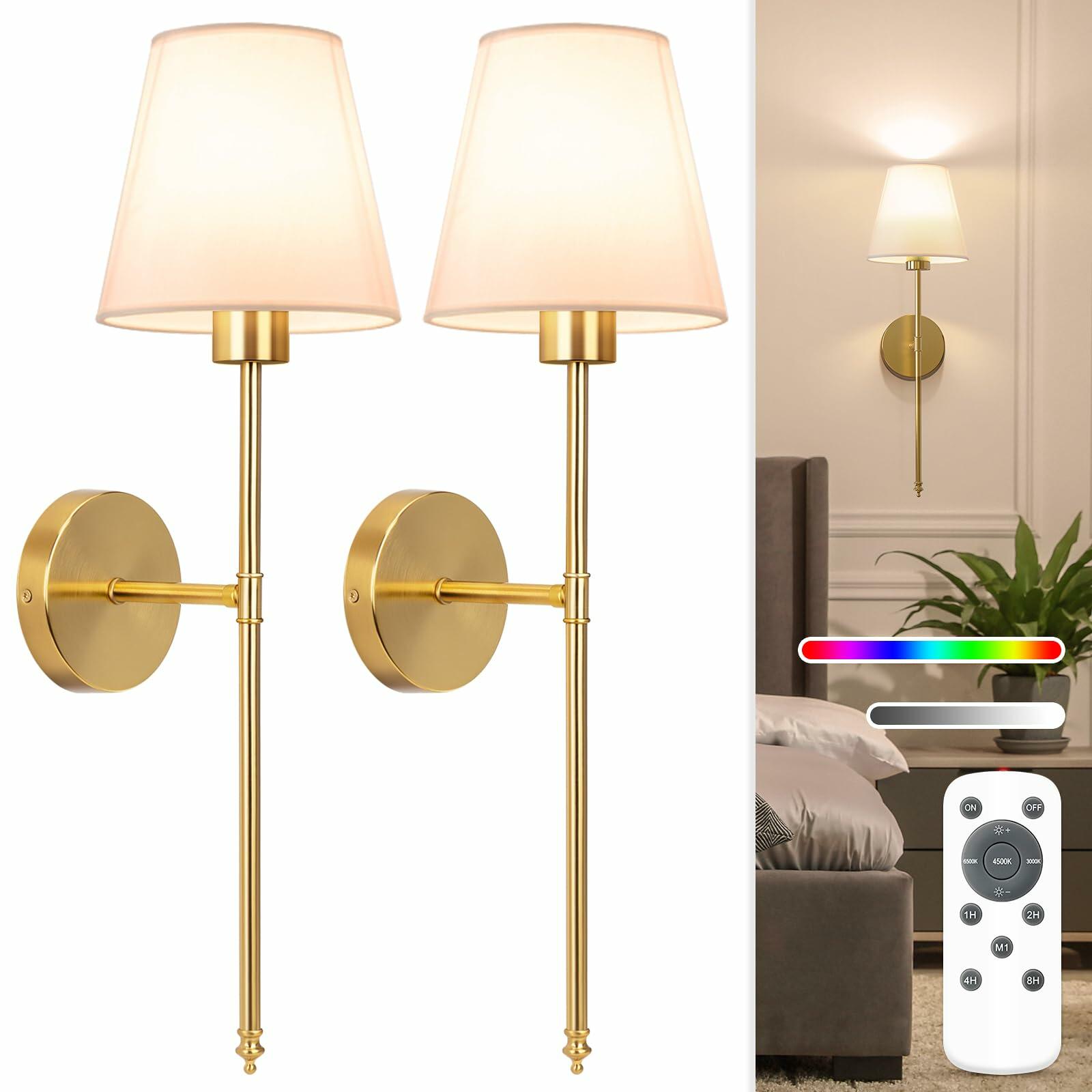 Set of 2 NIORSUN Battery Operated Wall Sconce,Gold Rechargeable Wall Lights with