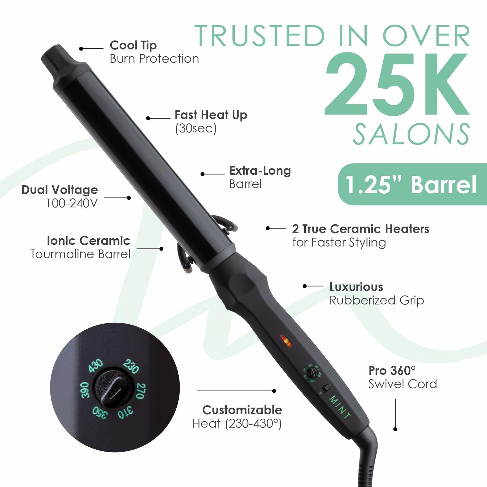 MINT Professional Clamp-Free Curling Wand 1 1/4 Inch for Long Hair | Extra Long