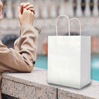Oikss 100 Pack 5.25x3.25x8.25 Inch Small White Kraft Paper Bags with Handles
