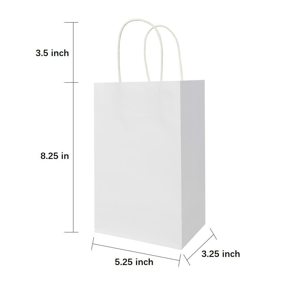 Oikss 100 Pack 5.25x3.25x8.25 Inch Small White Kraft Paper Bags with Handles