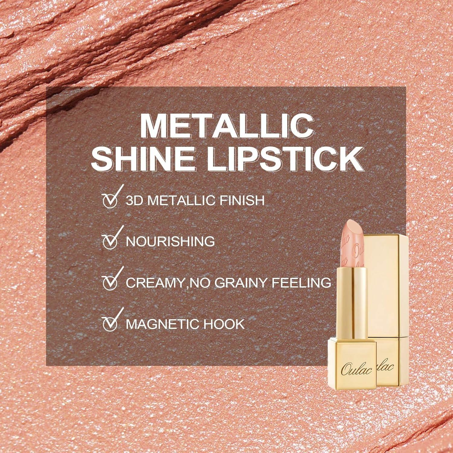 Oulac Matte Nude Peach Lipstick with Glow Metallic Finish - Vegan Lipstick for