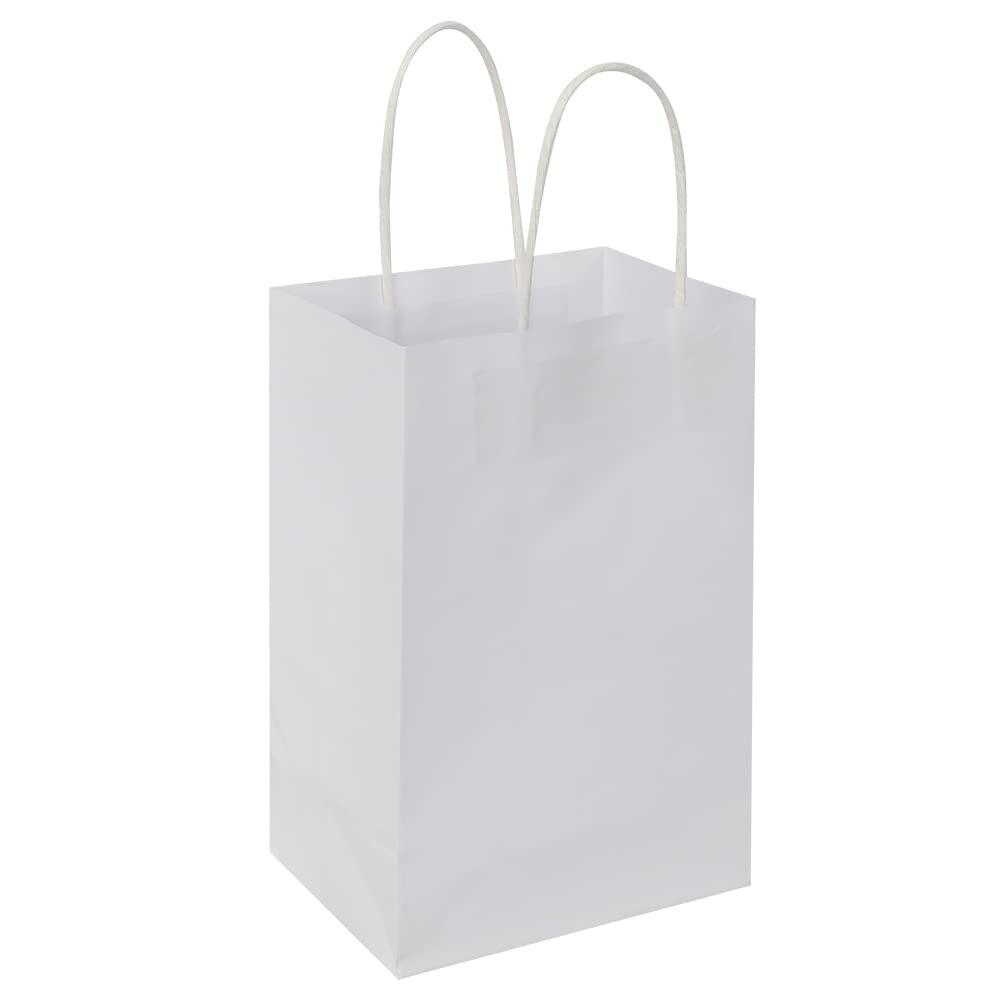 Oikss 100 Pack 5.25x3.25x8.25 Inch Small White Kraft Paper Bags with Handles
