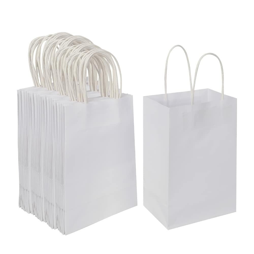 Oikss 100 Pack 5.25x3.25x8.25 Inch Small White Kraft Paper Bags with Handles