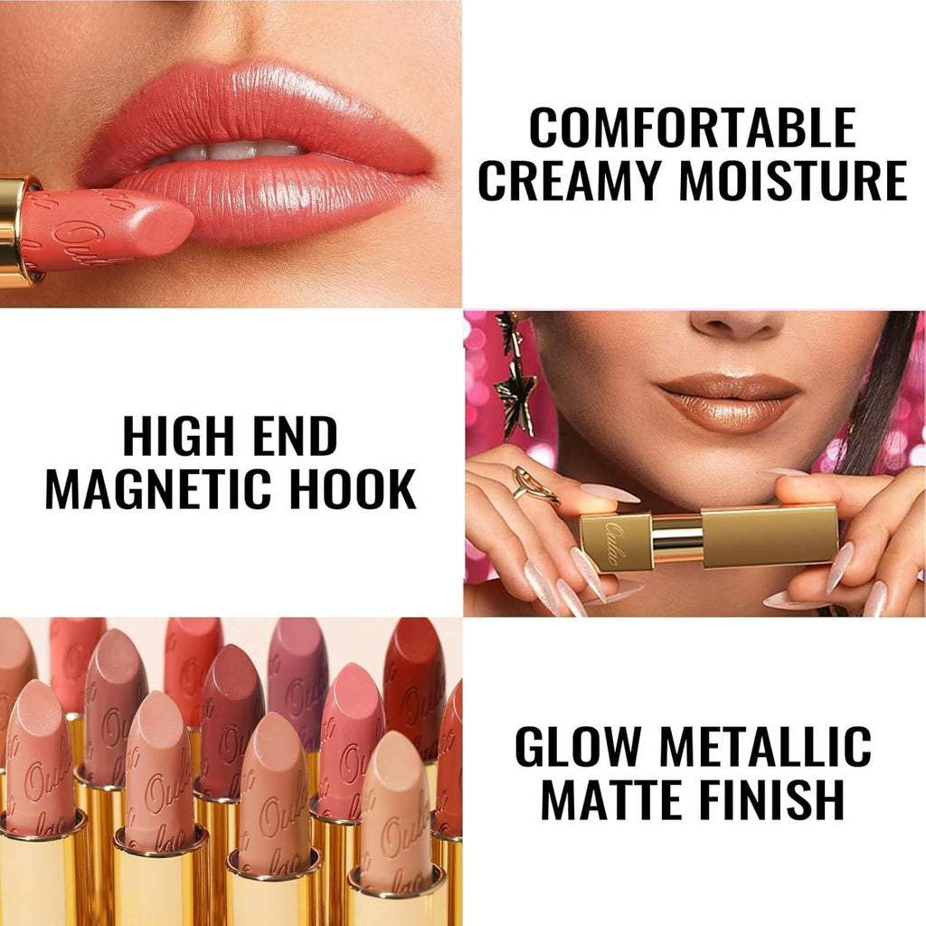 Oulac Matte Nude Peach Lipstick with Glow Metallic Finish - Vegan Lipstick for