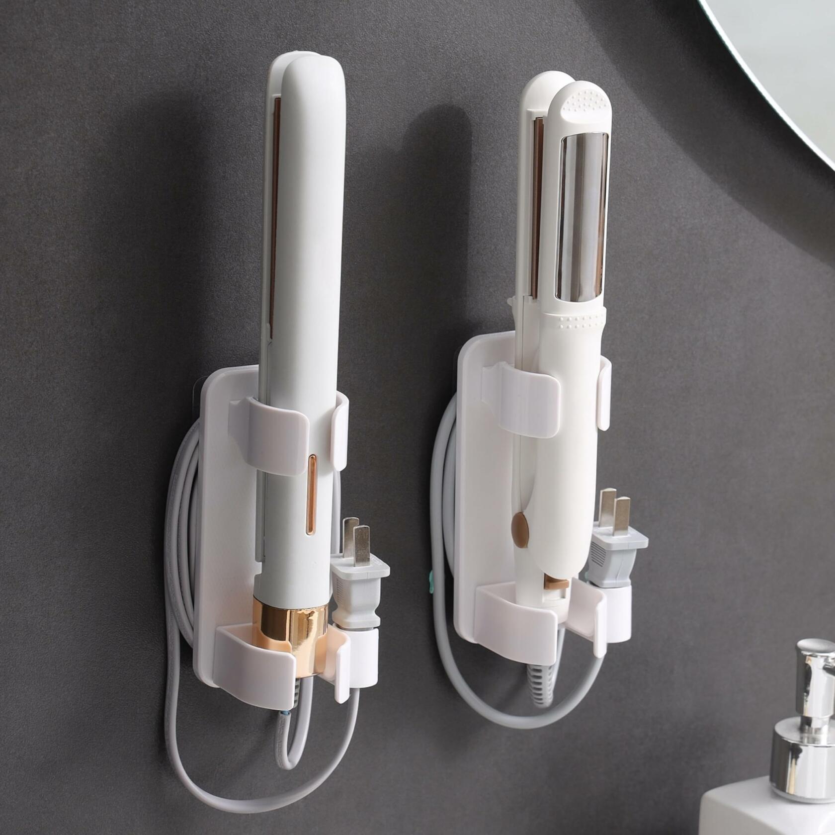 2 Pack Wall Mounted Curling Iron and Hot Tool Organizer: Hair Dryer, Curler, and