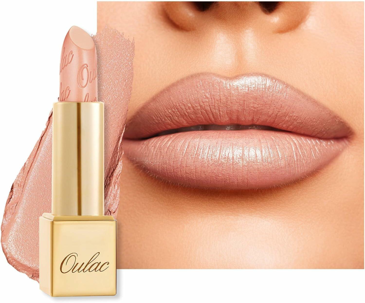 Oulac Matte Nude Peach Lipstick with Glow Metallic Finish - Vegan Lipstick for