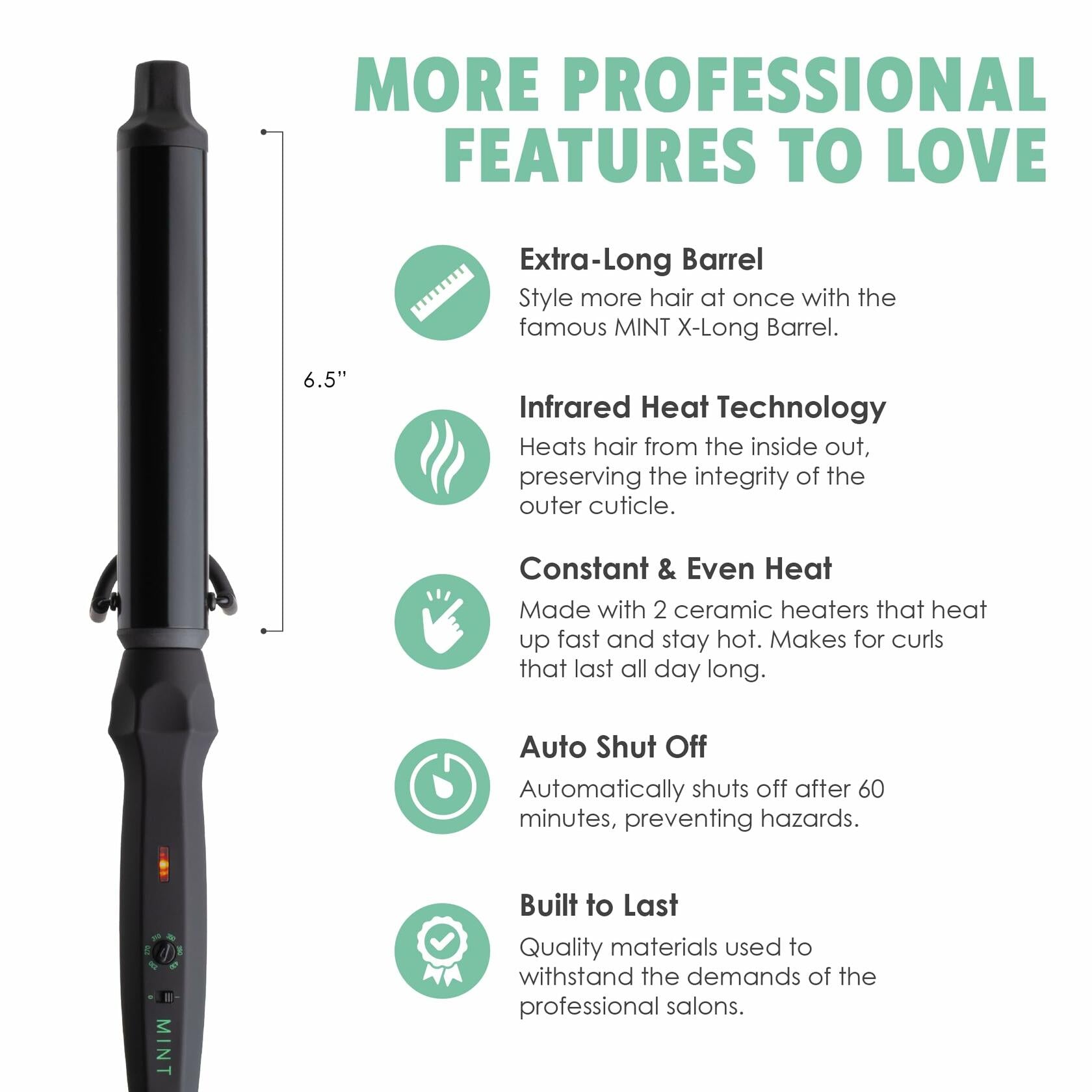 MINT Professional Clamp-Free Curling Wand 1 1/4 Inch for Long Hair | Extra Long