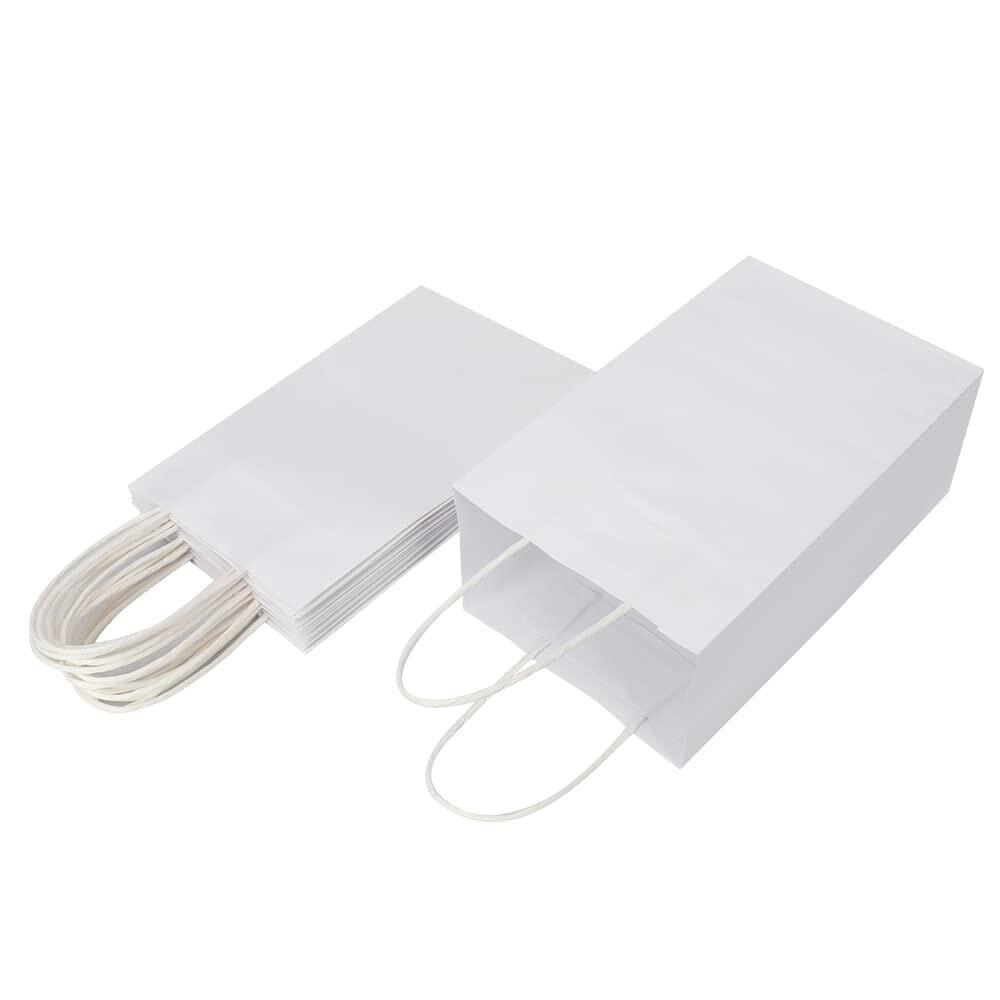 Oikss 100 Pack 5.25x3.25x8.25 Inch Small White Kraft Paper Bags with Handles
