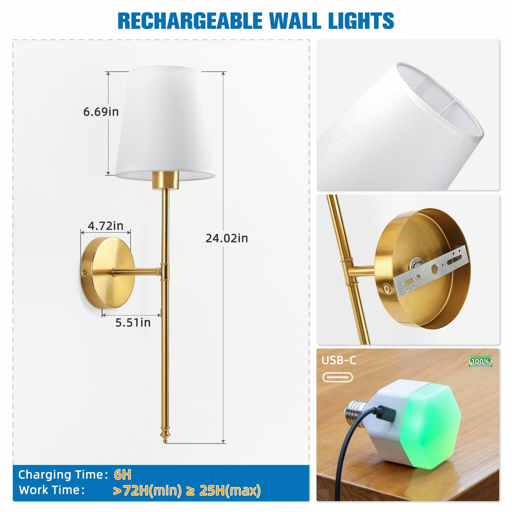 Set of 2 NIORSUN Battery Operated Wall Sconce,Gold Rechargeable Wall Lights with