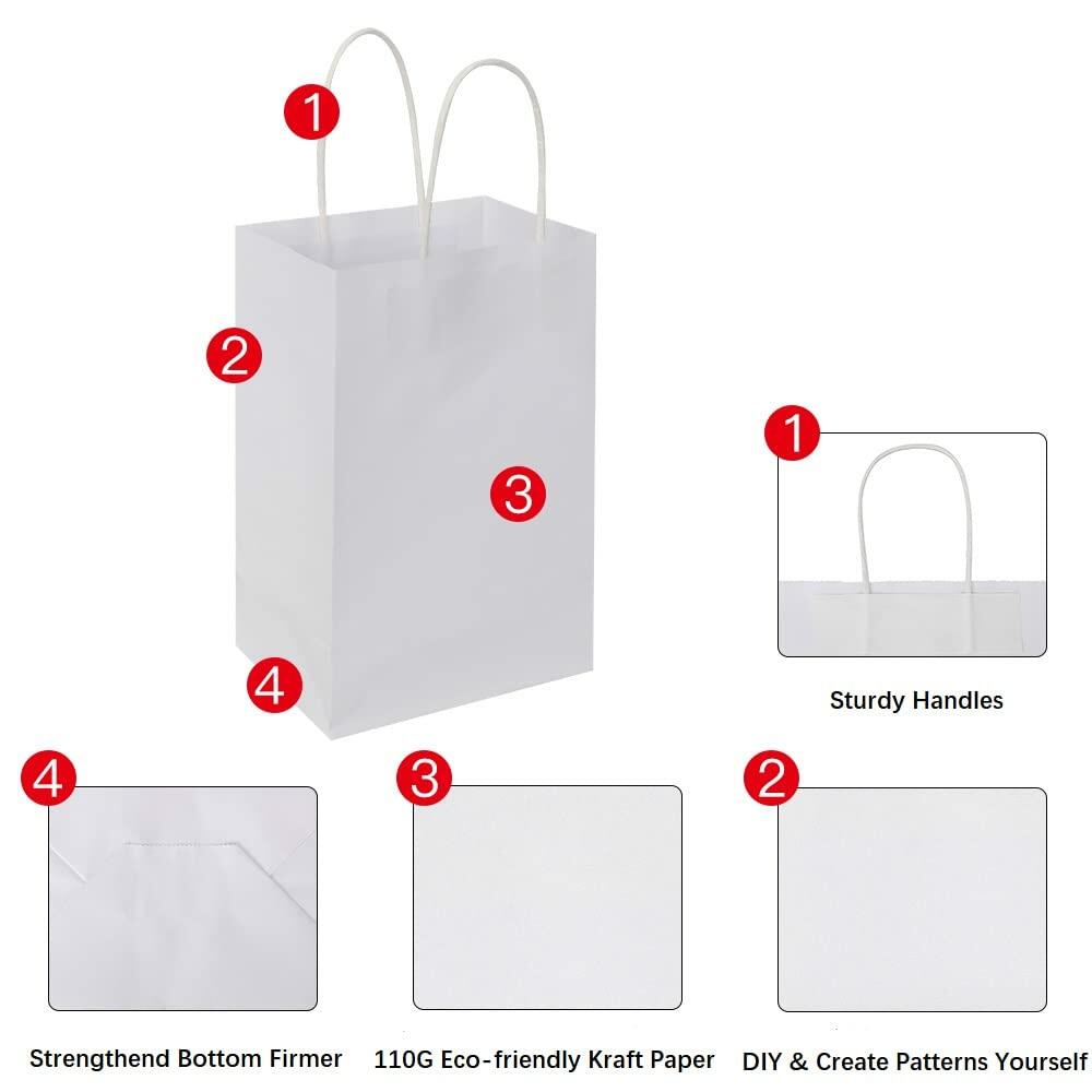 Oikss 100 Pack 5.25x3.25x8.25 Inch Small White Kraft Paper Bags with Handles