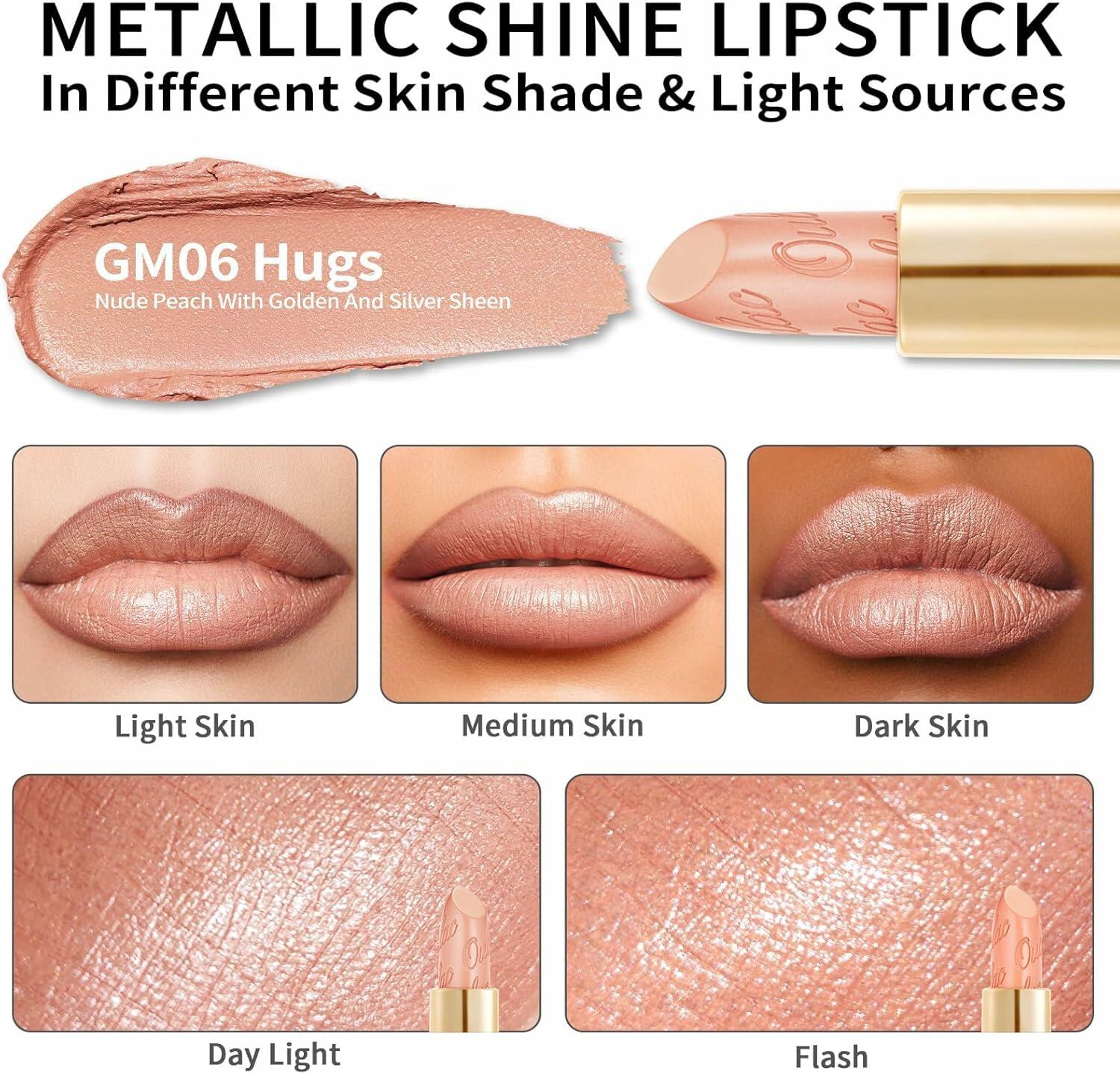 Oulac Matte Nude Peach Lipstick with Glow Metallic Finish - Vegan Lipstick for