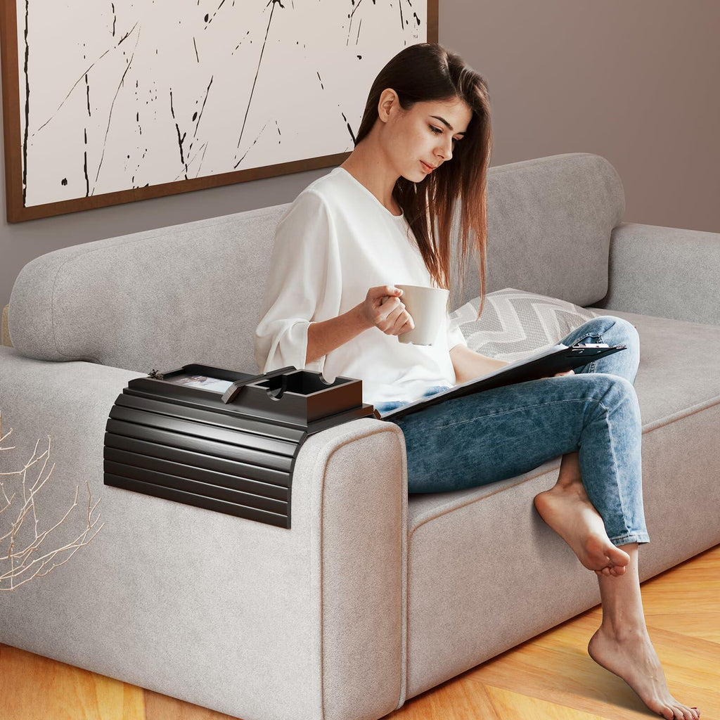 Bestjing Bamboo Couch Armrest Table, Sofa Arm Tray with Detachable Couch Cup