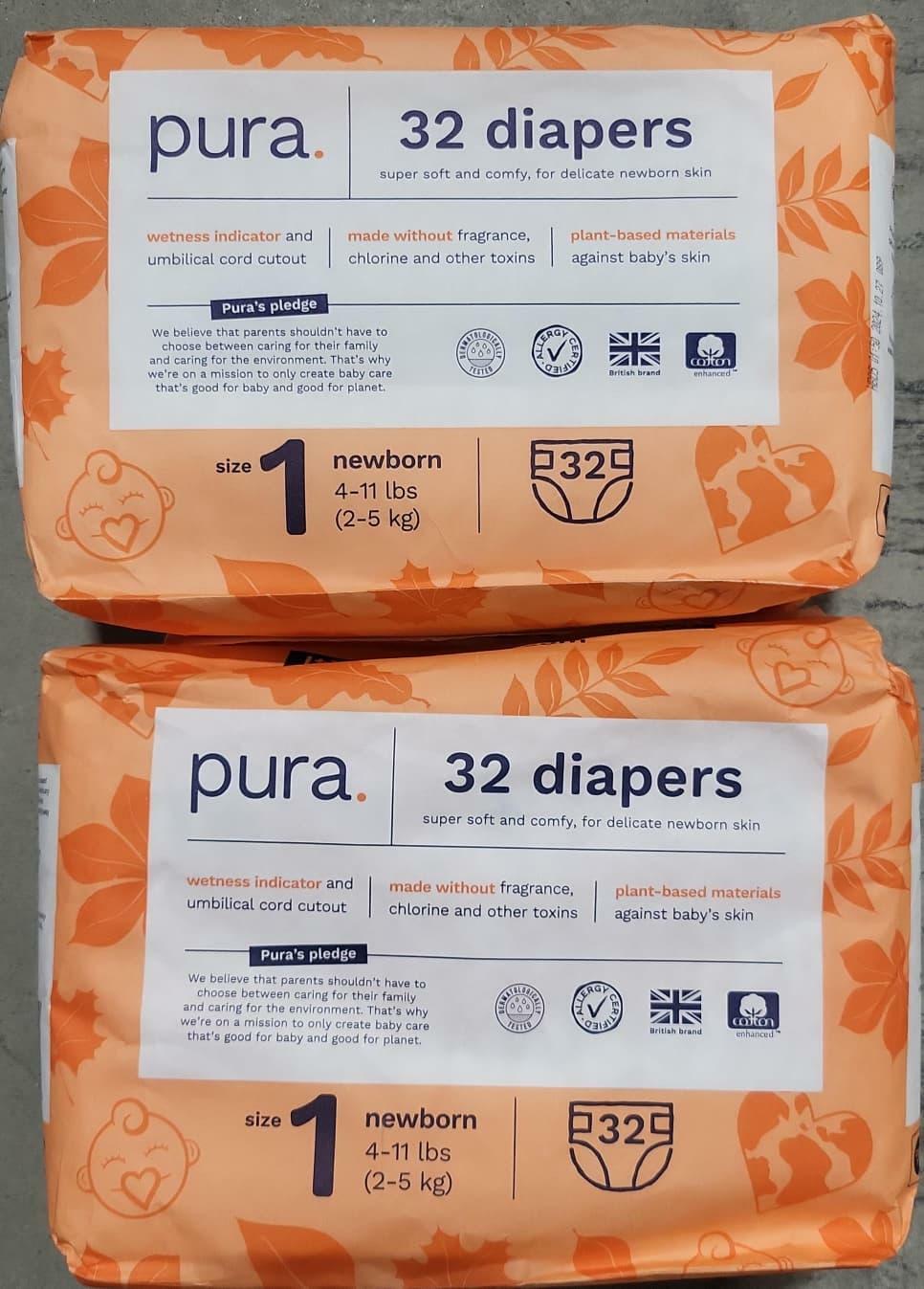 64 Count Pura Hypoallergenic Diapers, Size 1 (4-11 lbs), Newborn, Totally