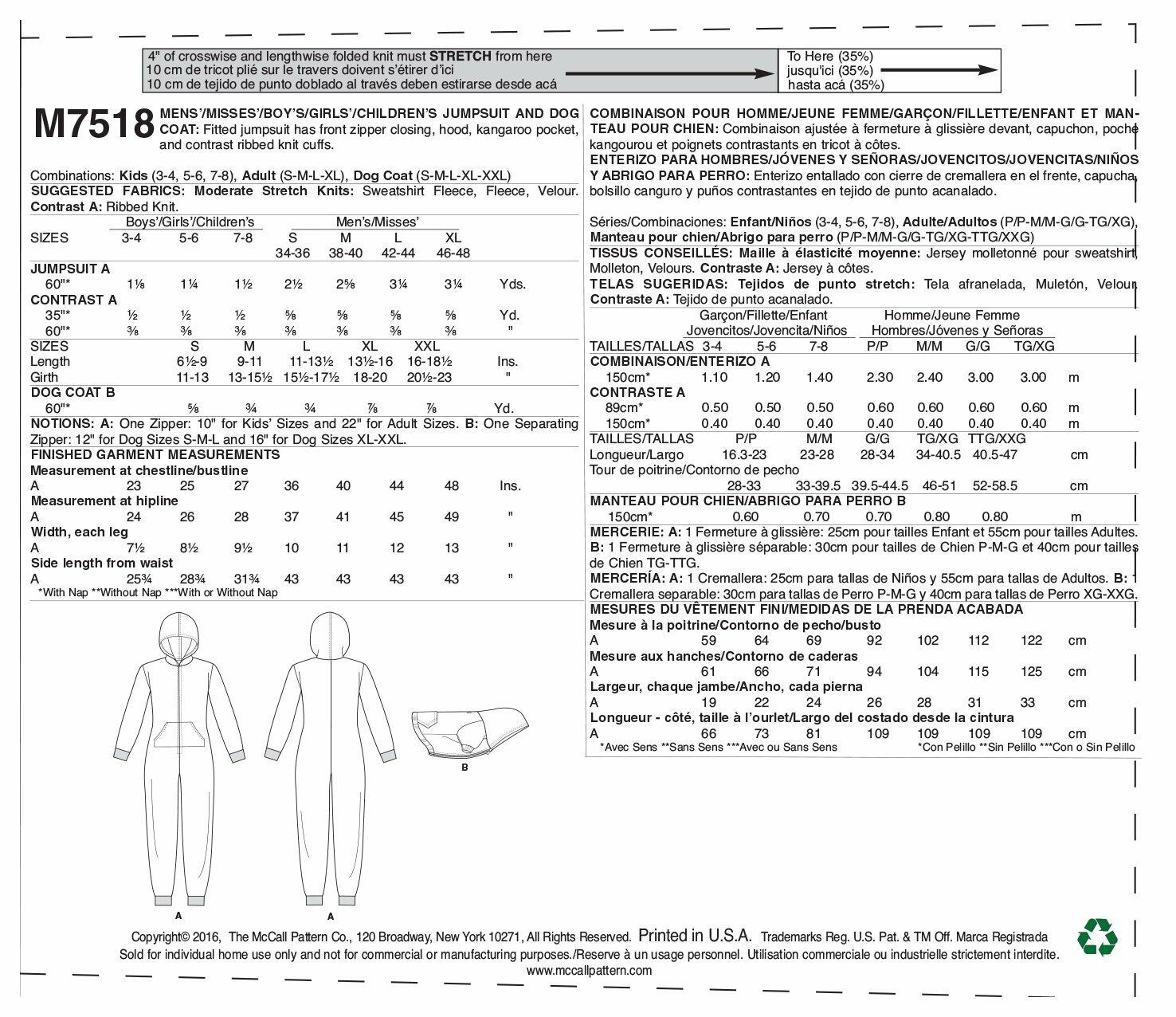 McCall Patterns Men's/Misses'/Boys'/Girls'/Children's Hooded Jumpsuits and Dog