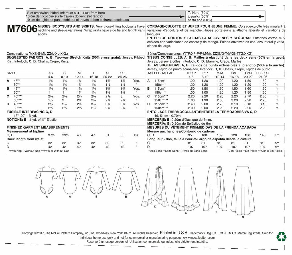McCall Patterns Misses' Off-The-Shoulder Side Tie Bodysuits and Wrap Skirts
