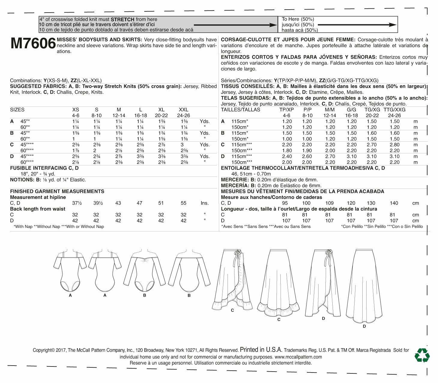 McCall Patterns Misses' Off-The-Shoulder Side Tie Bodysuits and Wrap Skirts