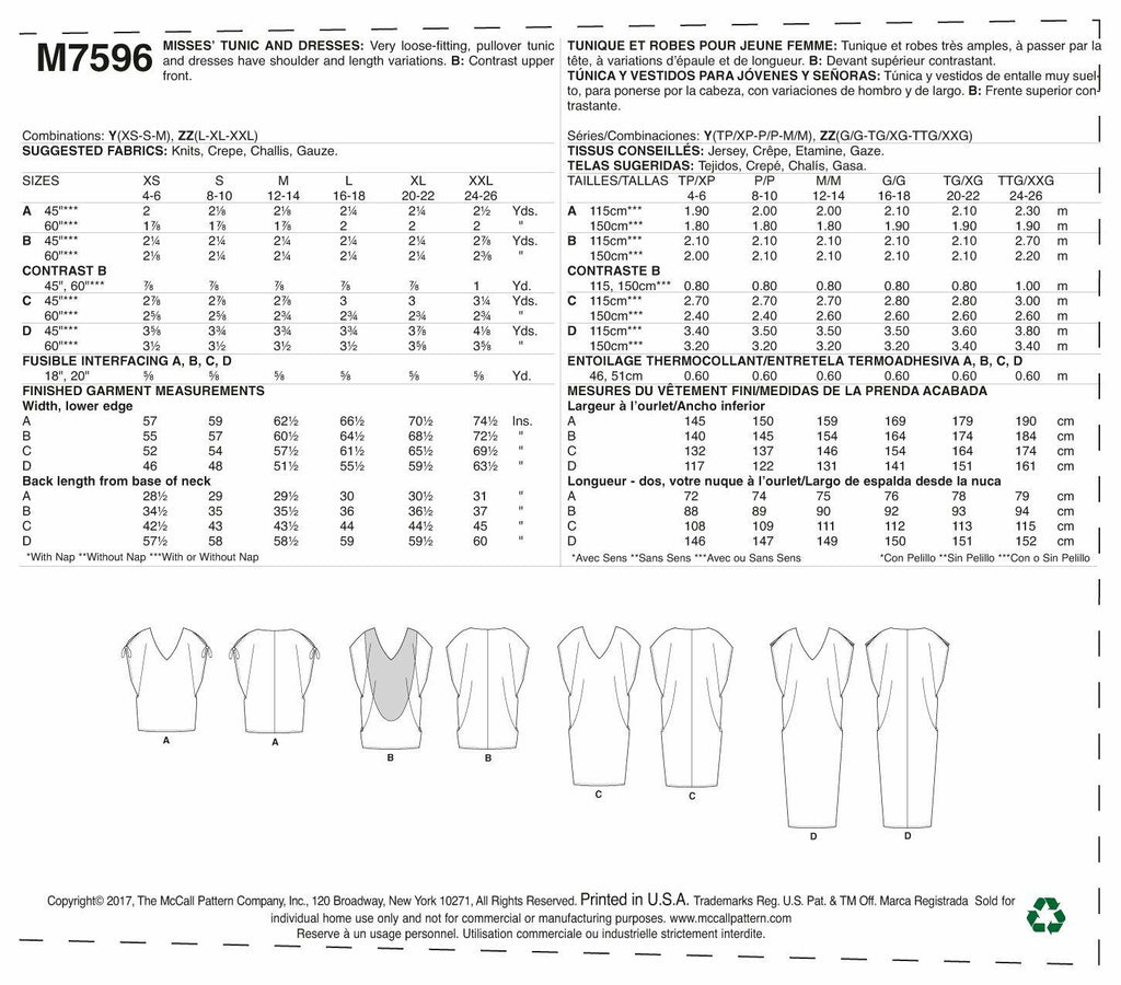 McCall Patterns Misses Loose-Fitting V-Neck Pullover Tunic and Dresses