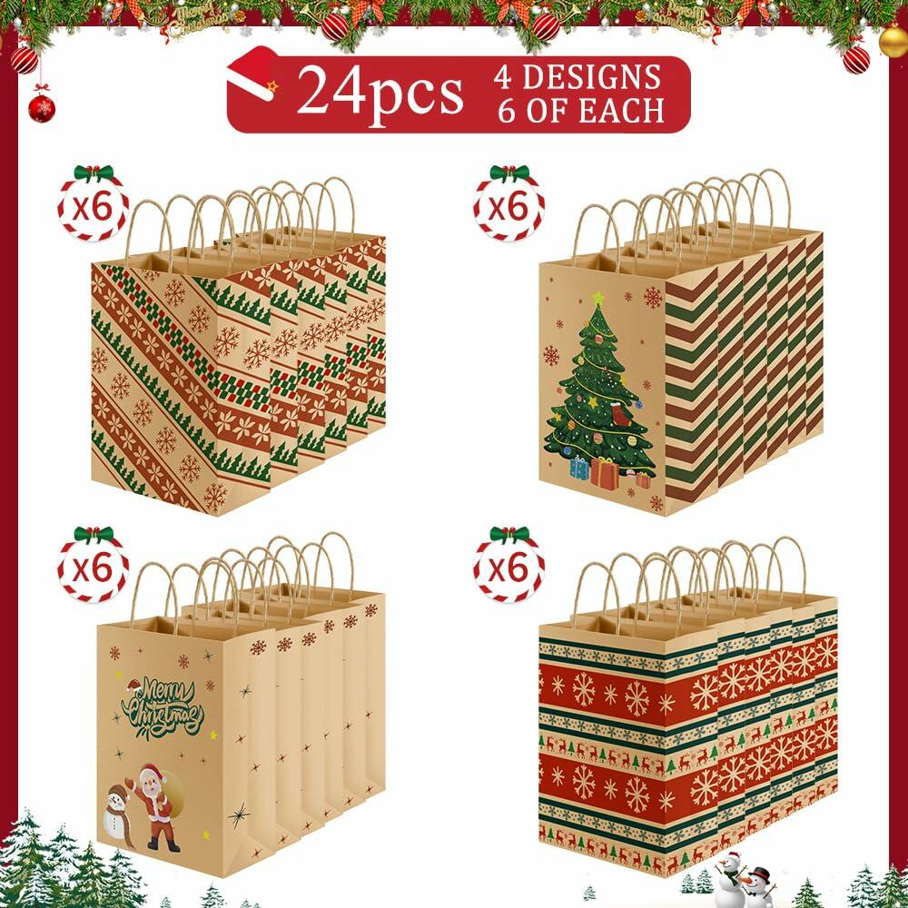 24 Pcs Christmas Gift Bags,Christmas Bags for Gifts,Holiday Xmas Gift Bags,Kraft