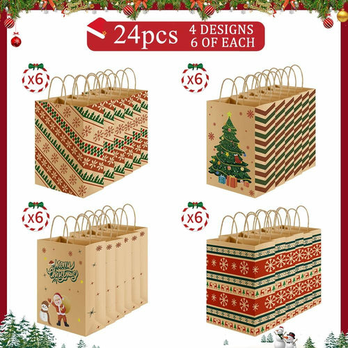 24 Pcs Christmas Gift Bags,Christmas Bags for Gifts,Holiday Xmas Gift Bags,Kraft