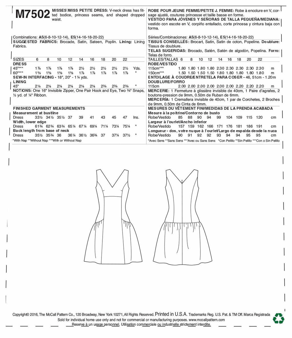 Butterick M7502-E50 Miss Petite Drop-Waist, V-Neck Dress, 14-16-18-20-22