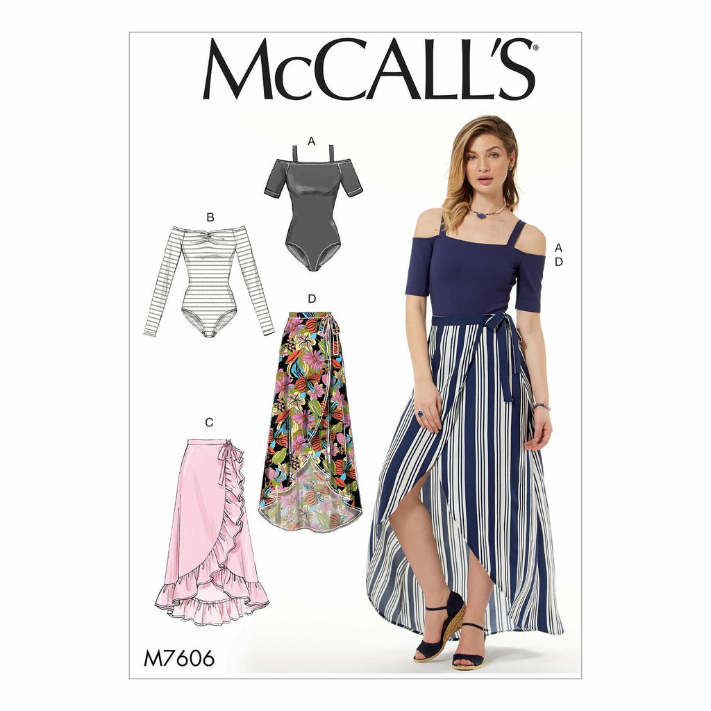 McCall Patterns Misses' Off-The-Shoulder Side Tie Bodysuits and Wrap Skirts