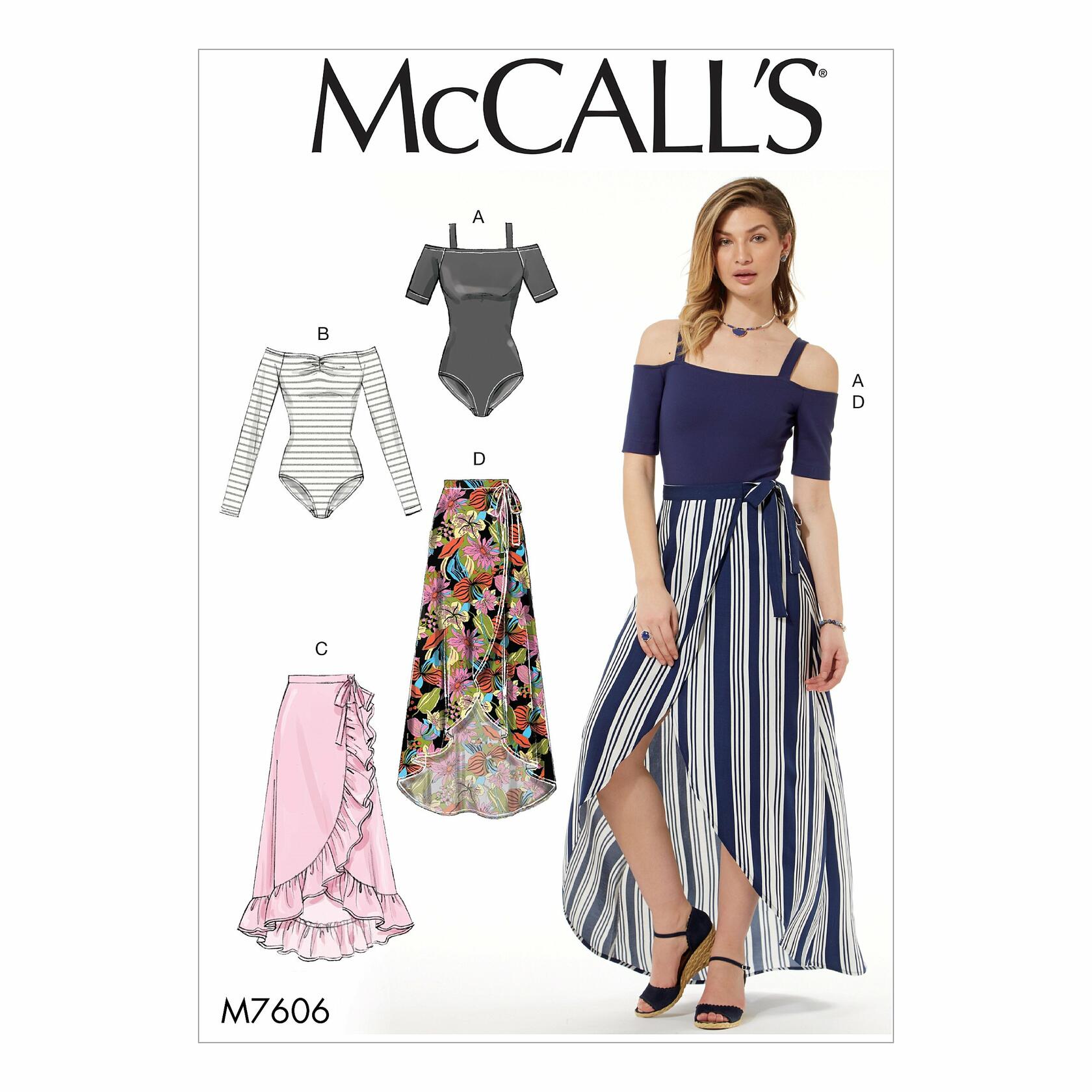 McCall Patterns Misses' Off-The-Shoulder Side Tie Bodysuits and Wrap Skirts