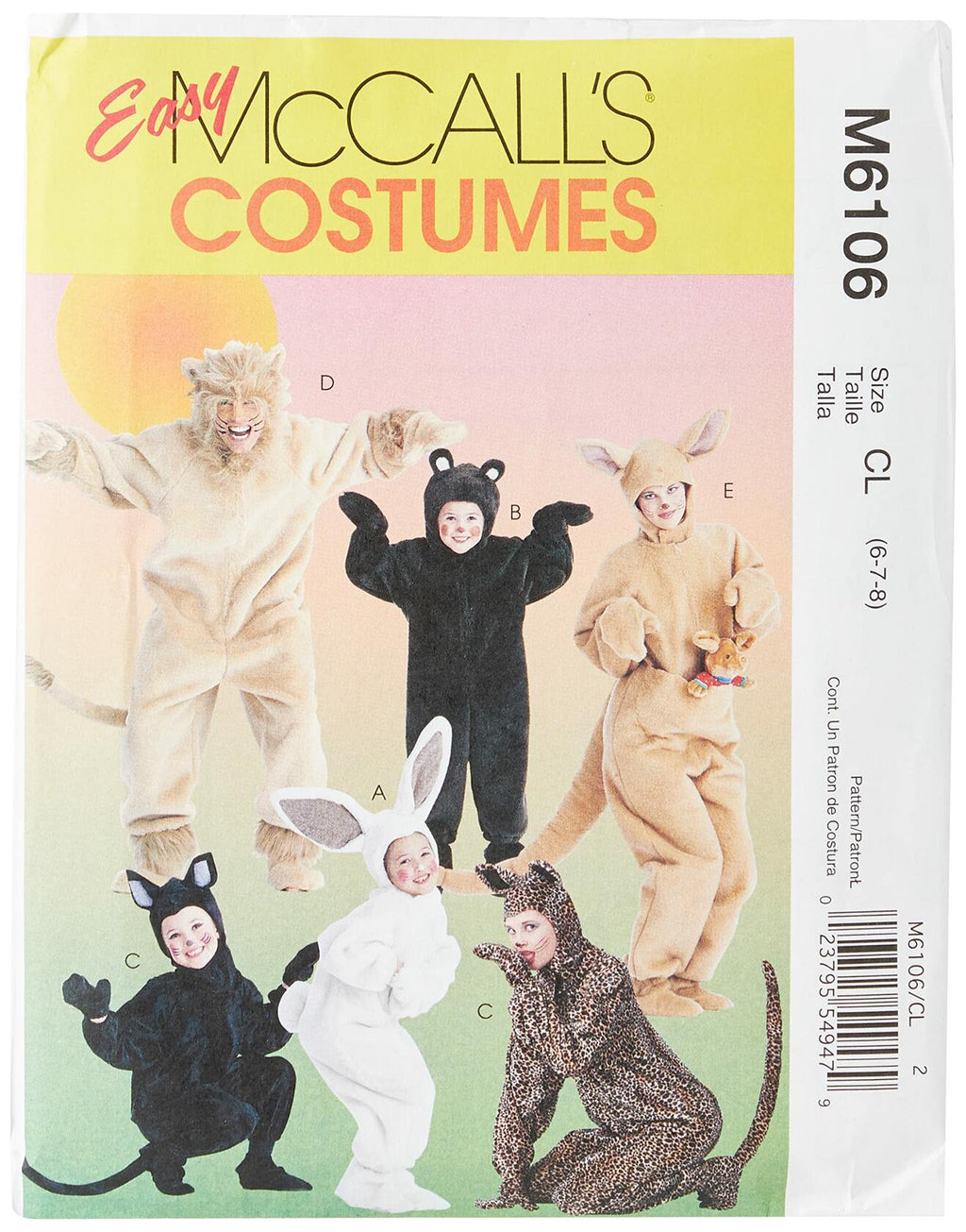 McCall's M6106 Kid's Bear, Lion, Bunny, Kangaroo, and Cat Animal Costume Sewing