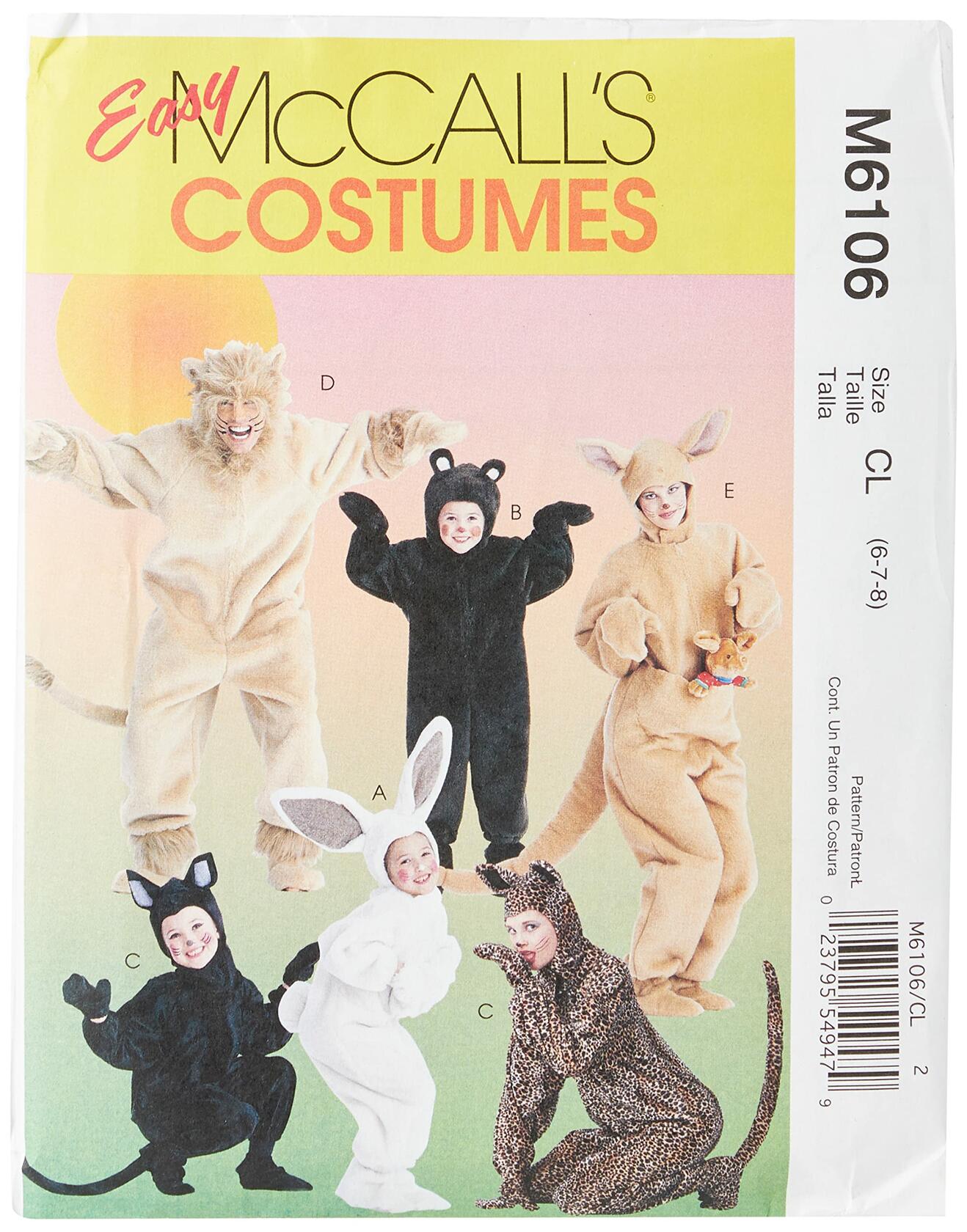 McCall's M6106 Kid's Bear, Lion, Bunny, Kangaroo, and Cat Animal Costume Sewing