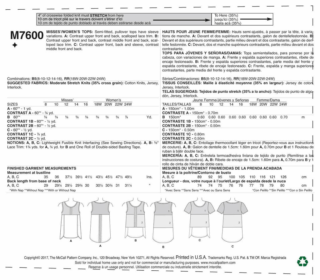 McCall's Misses'/Women's Pullover Tops, 8-10-12-14-16