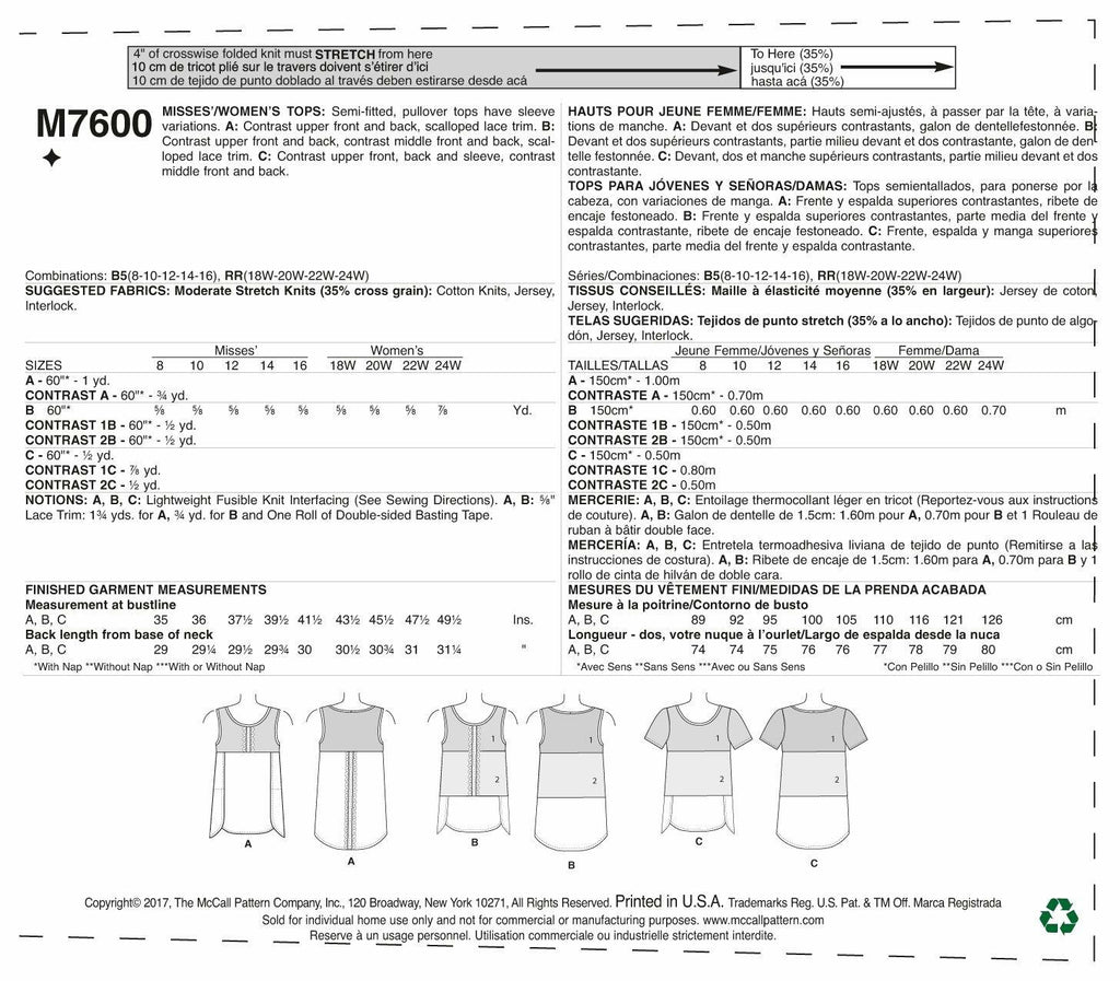 McCall's Misses'/Women's Pullover Tops, 8-10-12-14-16