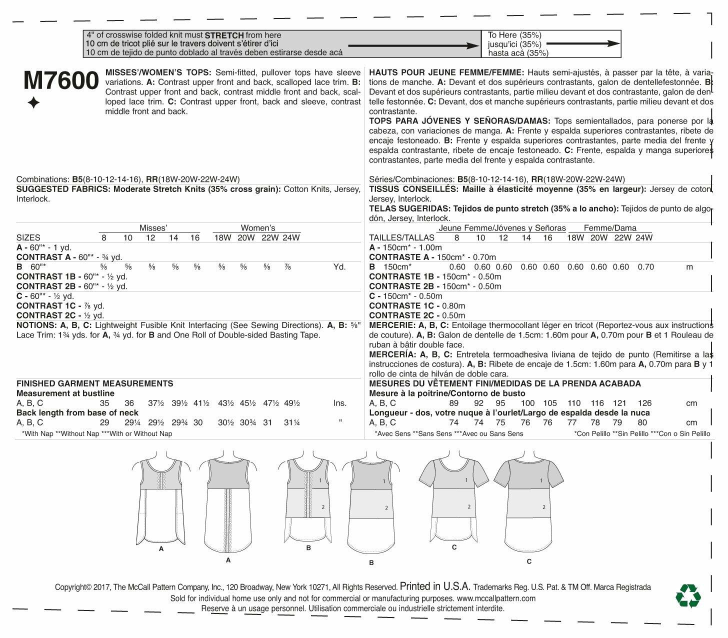 McCall's Misses'/Women's Pullover Tops, 8-10-12-14-16