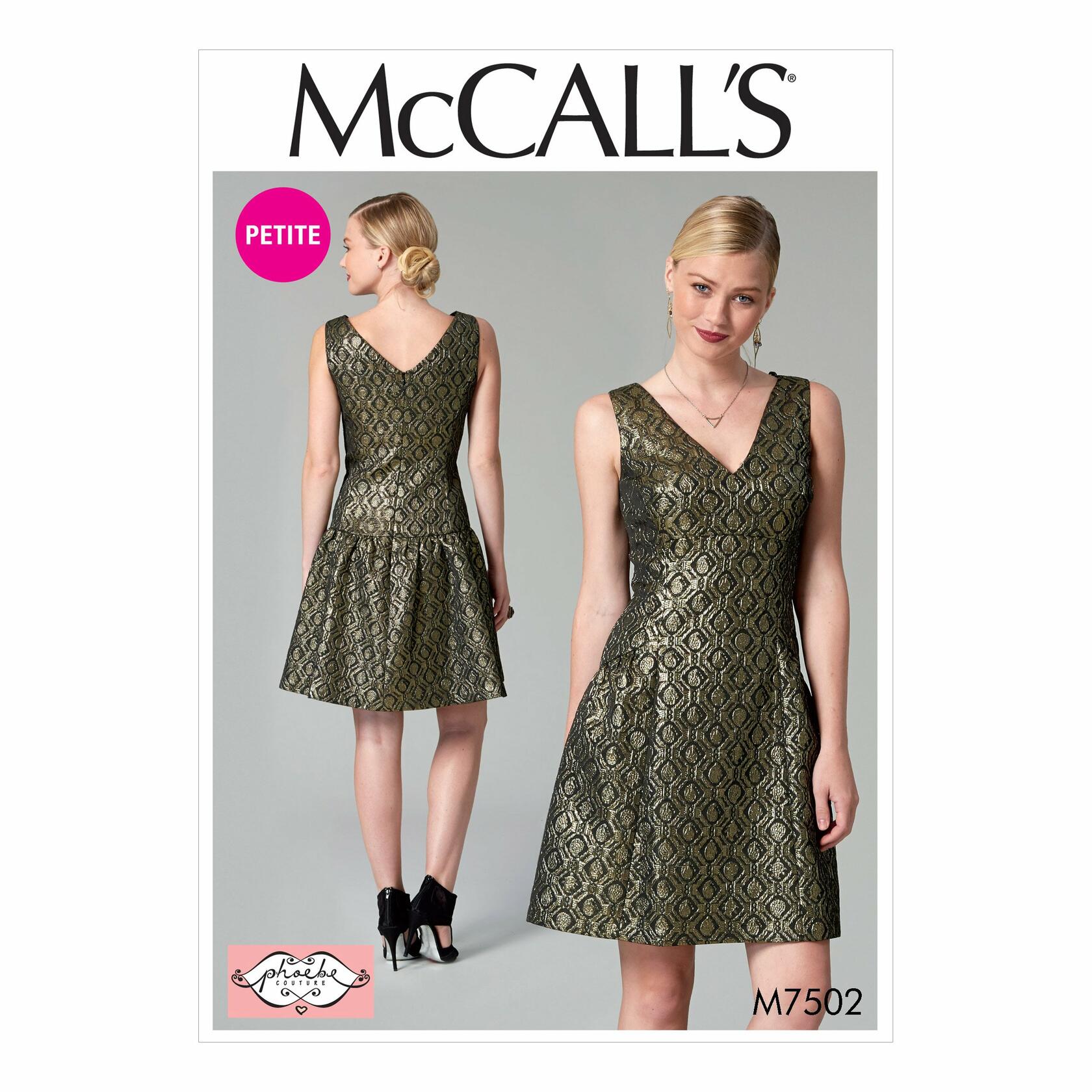 Butterick M7502-E50 Miss Petite Drop-Waist, V-Neck Dress, 14-16-18-20-22