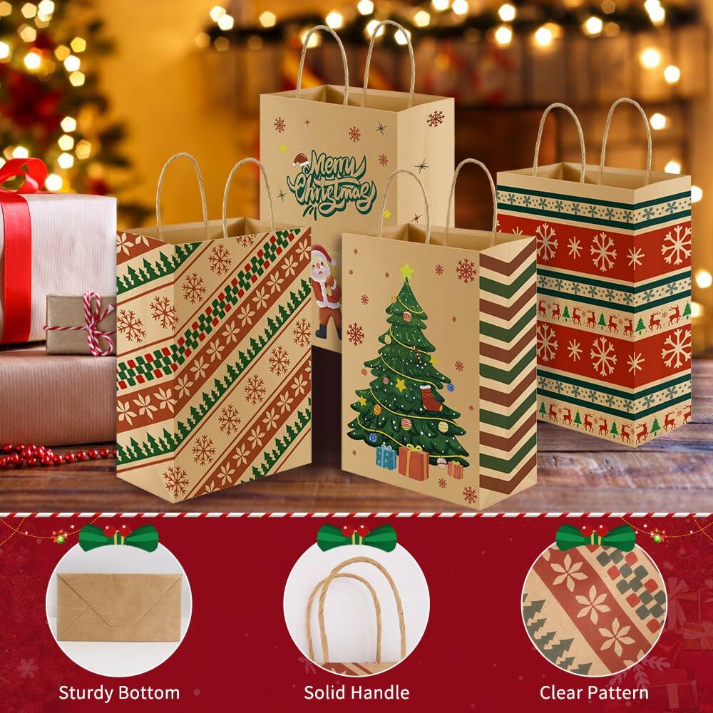 24 Pcs Christmas Gift Bags,Christmas Bags for Gifts,Holiday Xmas Gift Bags,Kraft