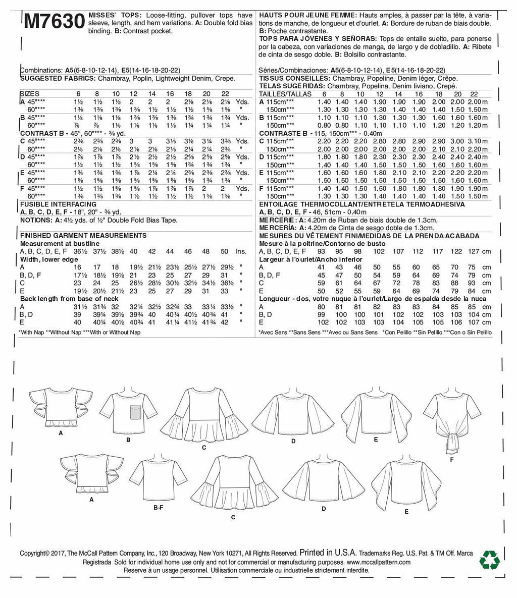 McCall's Patterns Misses Tops with Sleeve and Hem Variations