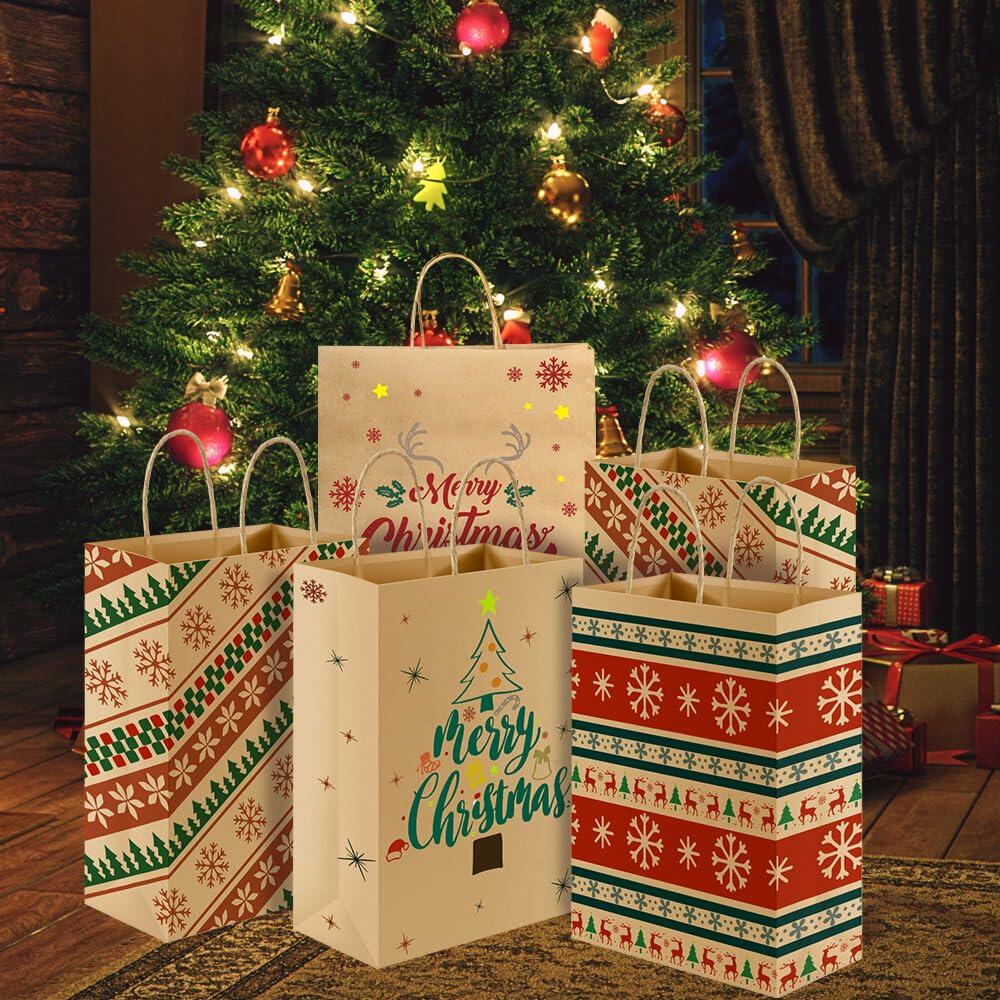 24 Pcs Christmas Gift Bags,Christmas Bags for Gifts,Holiday Xmas Gift Bags,Kraft