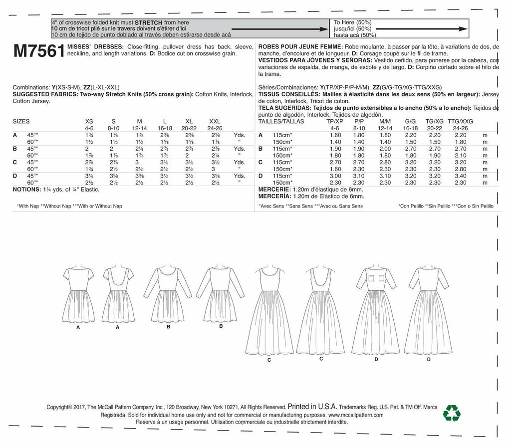 McCall Patterns Pullover, Gathered-Waist Knit Dresses With Sleeve And Hem