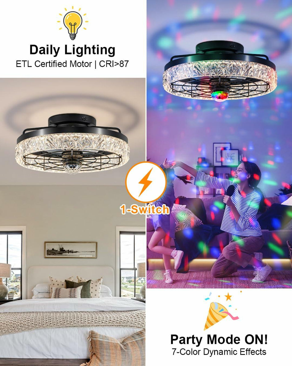 Disco Ceiling Fans with Lights,7 Color Disco Ball Modes, Flush Mount Low Profile