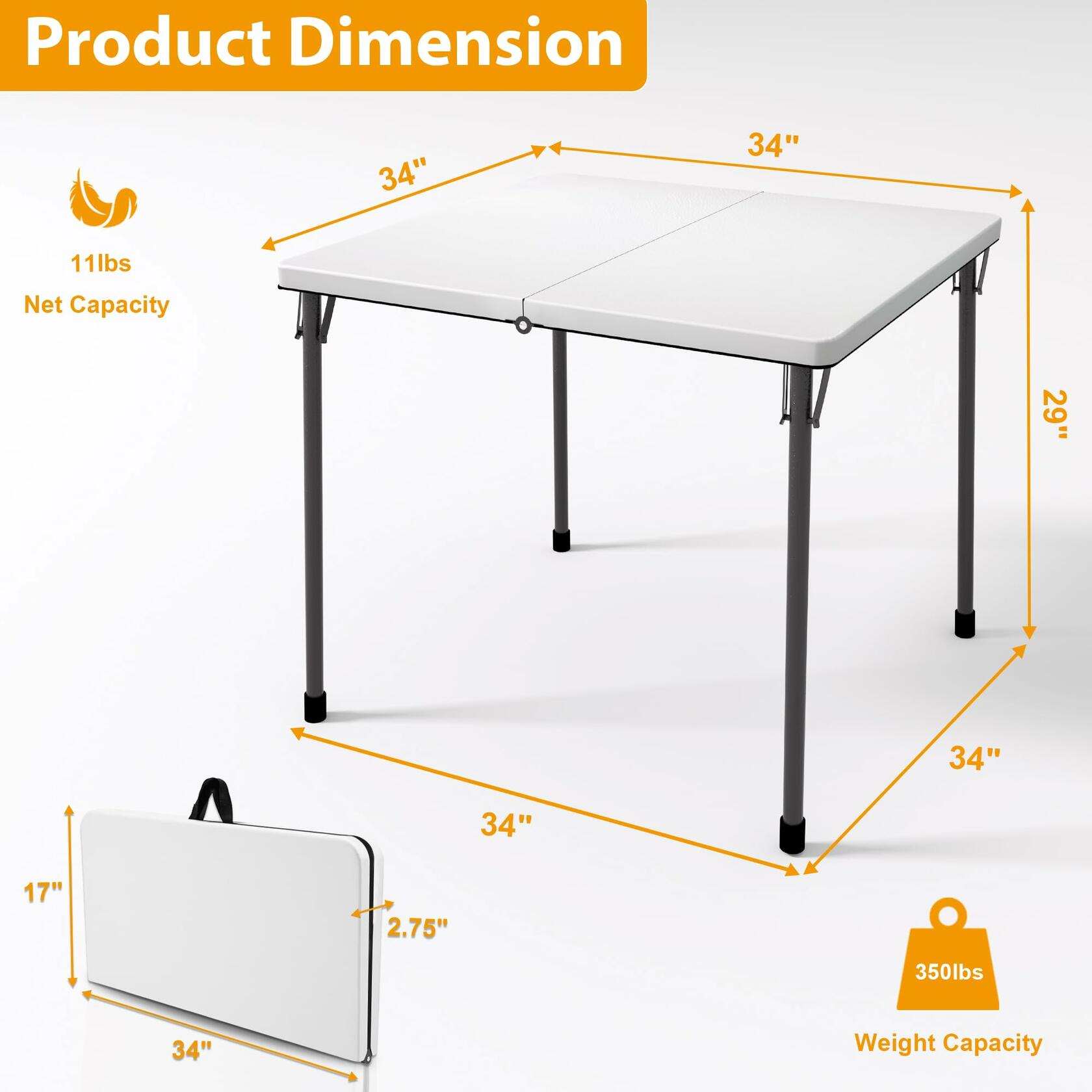 Kasunpul 34" Folding Table, Portable Square Folding Card Table with Collapsible