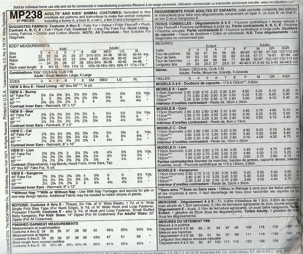 McCall's Costume Pattern-MP238-Size-Small-5 animals