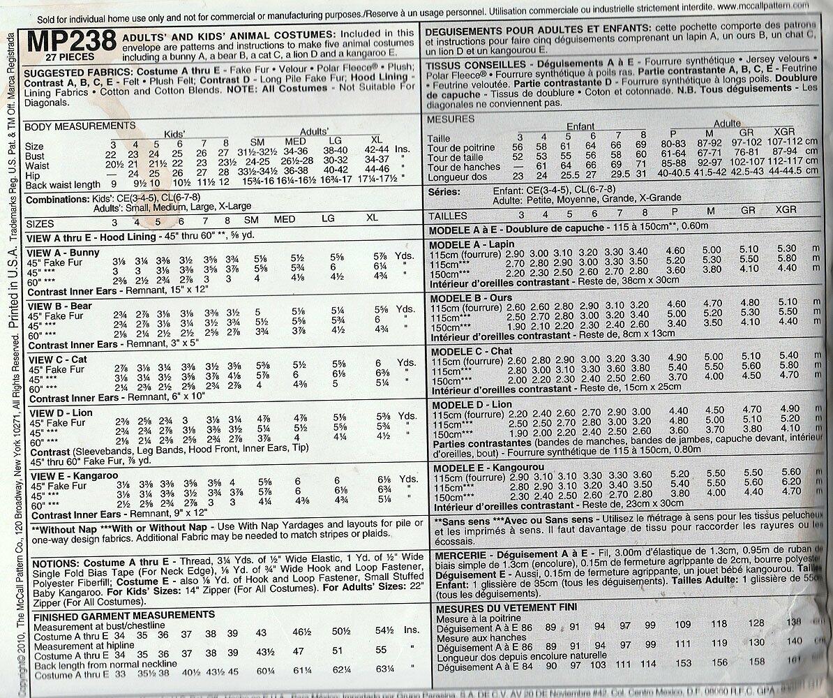 McCall's Costume Pattern-MP238-Size-Small-5 animals
