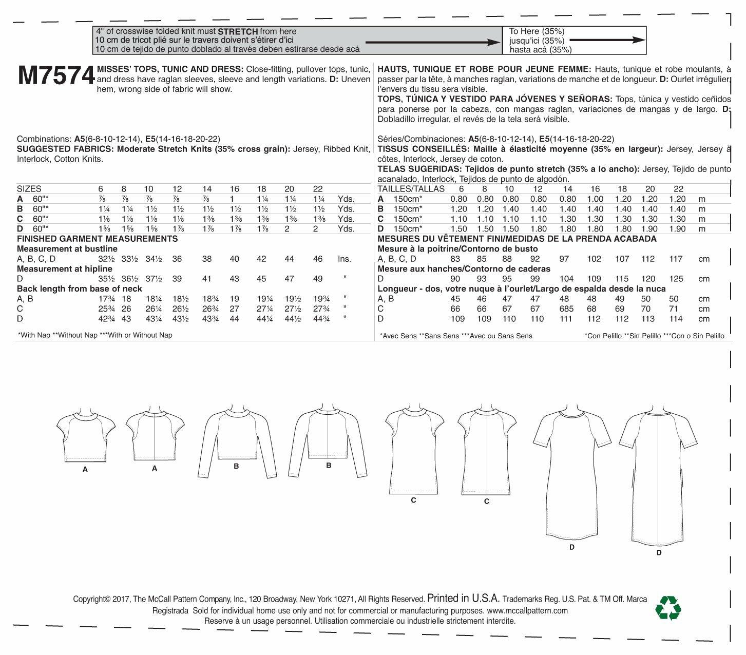 McCall's Patterns Misses' Knit/Raglan Sleeve Pullover Tops/Tunic/and Dress
