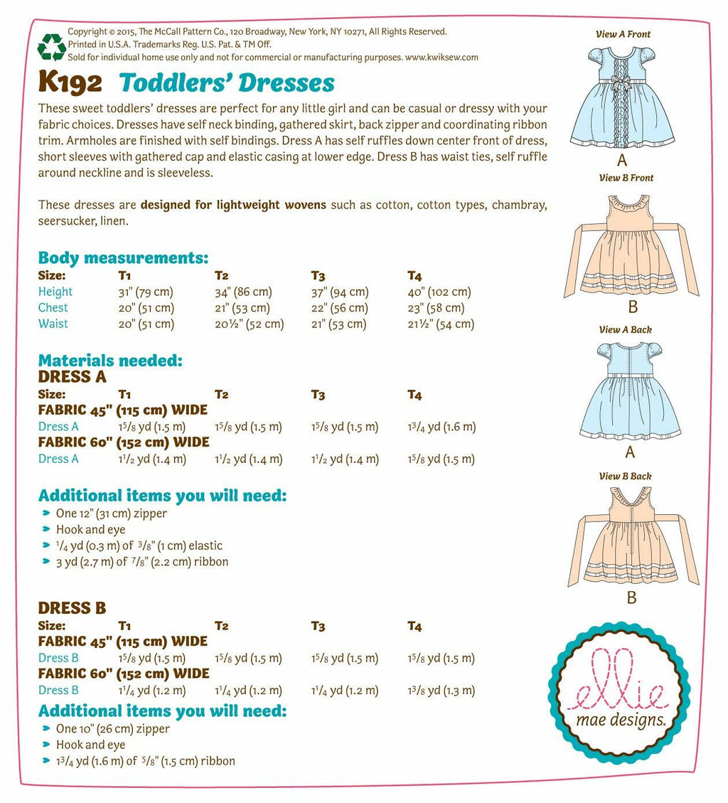 KWIK-SEW PATTERNS K0192 Toddlers' Dresses, in One Envelope (T1 - T4)