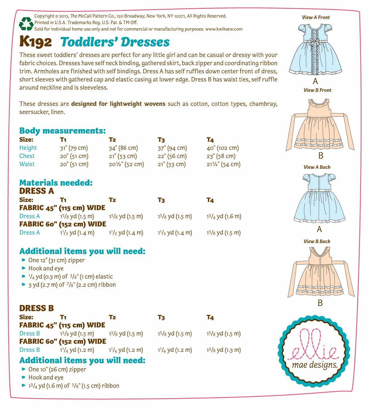 KWIK-SEW PATTERNS K0192 Toddlers' Dresses, in One Envelope (T1 - T4)