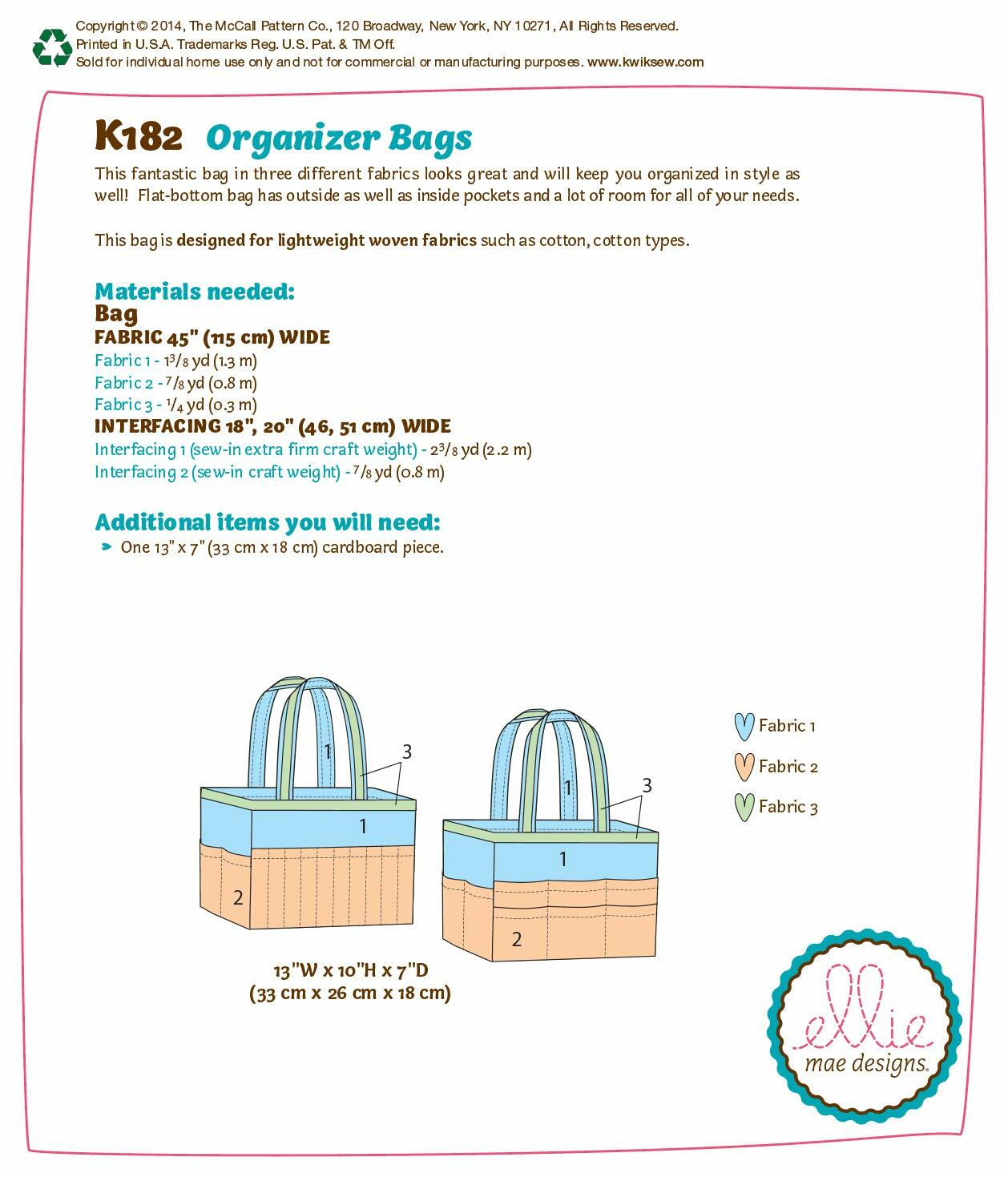KWIK-SEW PATTERNS K0182 Organizer Bags, One Size Only