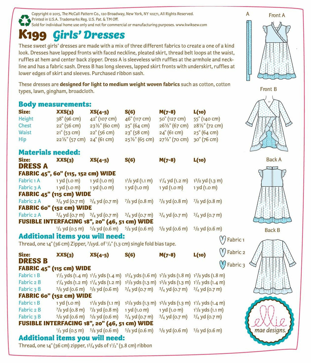 KWIK-SEW PATTERNS K0199 Girls' Dresses & Sash, in One Envelope (XXS - L)