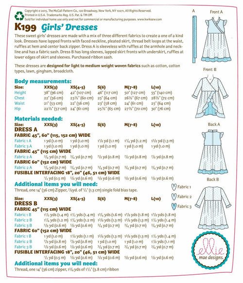KWIK-SEW PATTERNS K0199 Girls' Dresses & Sash, in One Envelope (XXS - L)