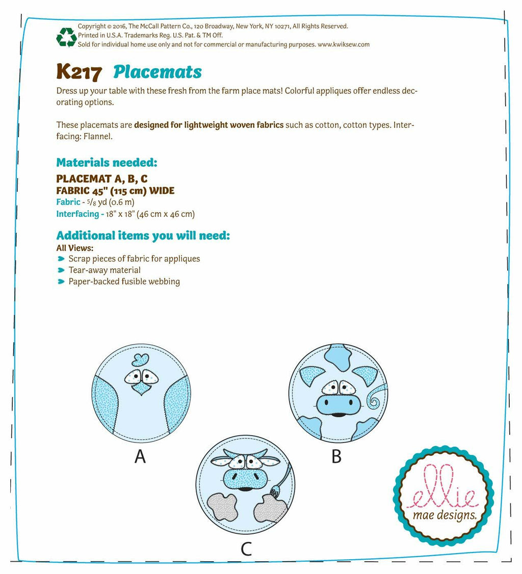 KWIK-SEW PATTERNS K0217 Circular Farm Animal Placemats, One Size