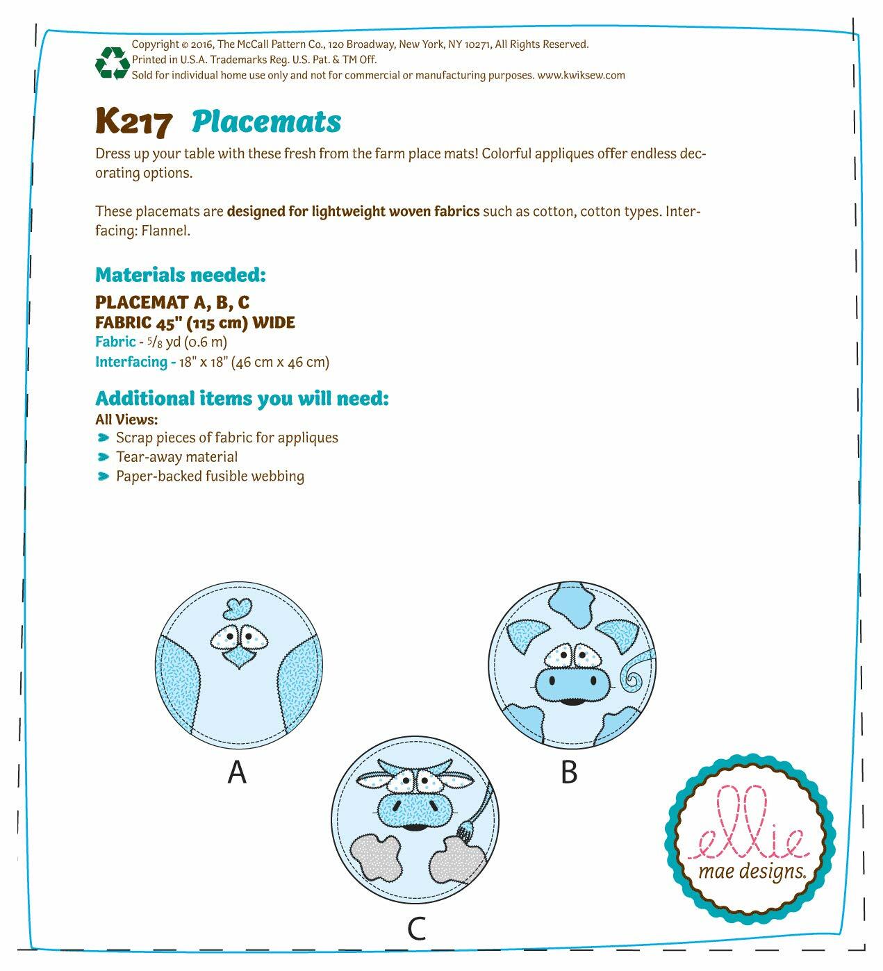 KWIK-SEW PATTERNS K0217 Circular Farm Animal Placemats, One Size