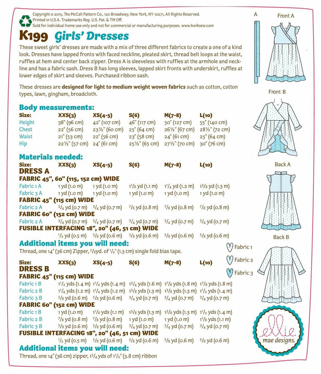 KWIK-SEW PATTERNS K0199 Girls' Dresses & Sash, in One Envelope (XXS - L)
