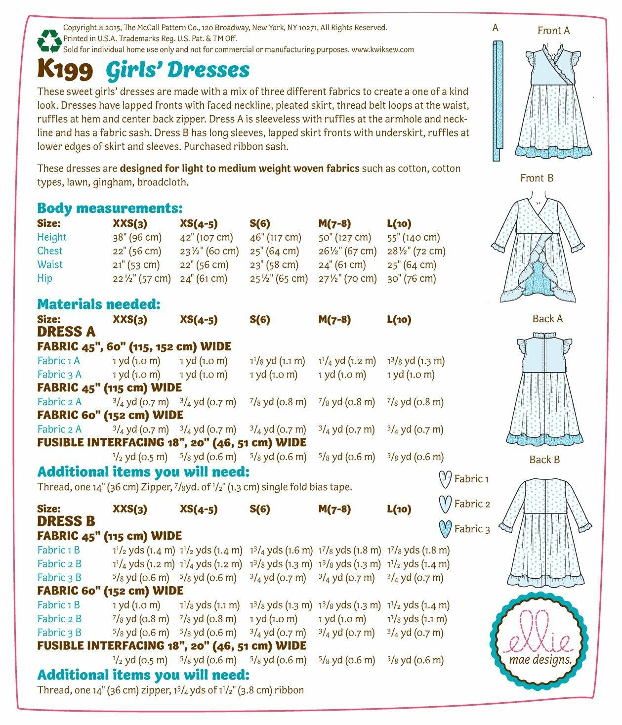 KWIK-SEW PATTERNS K0199 Girls' Dresses & Sash, in One Envelope (XXS - L)